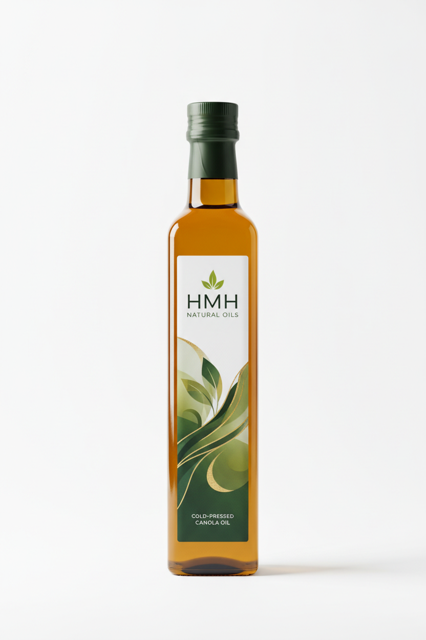 A bottle of canola cooking oil with a black label and gold lettering, standing on a dark countertop in a kitchen setting with a wooden cutting board and a vase of flowers in the background.